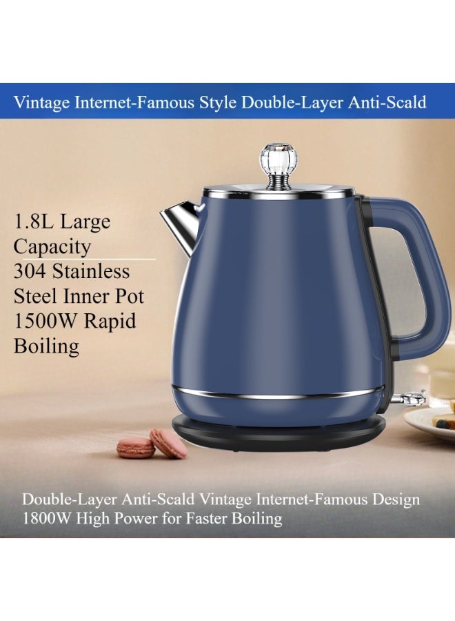 Upgraded Upgraded Double Wall 1800W 1.8L Retro Electric Kettle, Anti-Scald, 304 Stainless Steel, Fast Boiling, Auto Shut-Off & Dry Burn Protection, for Home Office Use Blue - Image 3